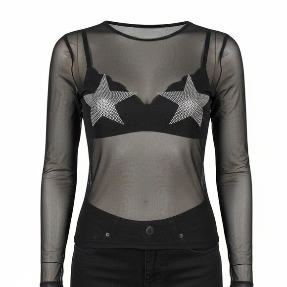 Molliwater Tops - New Small Black Starry Night Sheer Jewel Long Sleeve Mesh Silver Long Sleeve Top